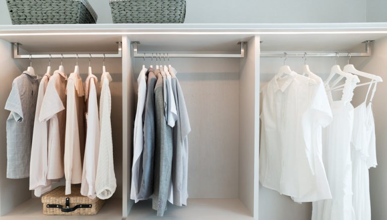 Modern interior wardrobe with shirt and dress in shelf.