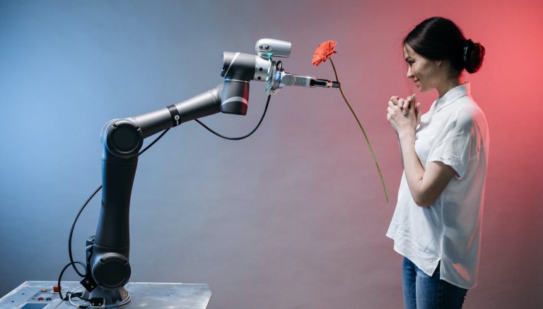 a robot holding a flower