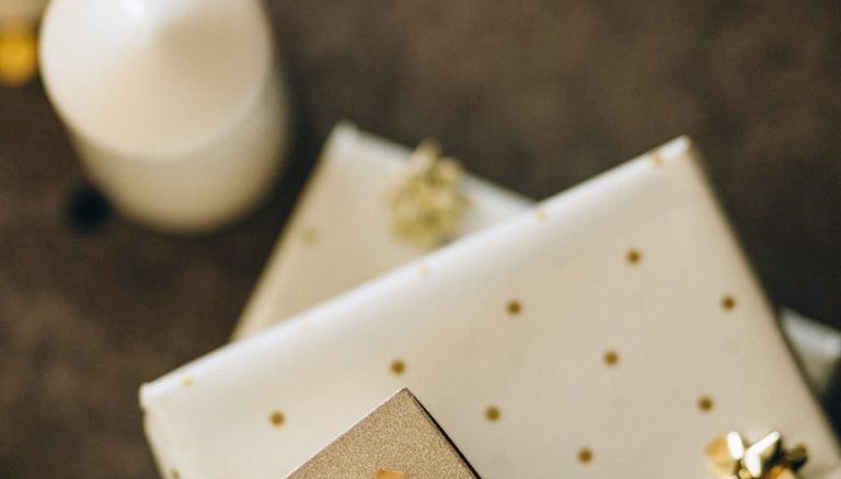 presents covered in gold and white wrapper