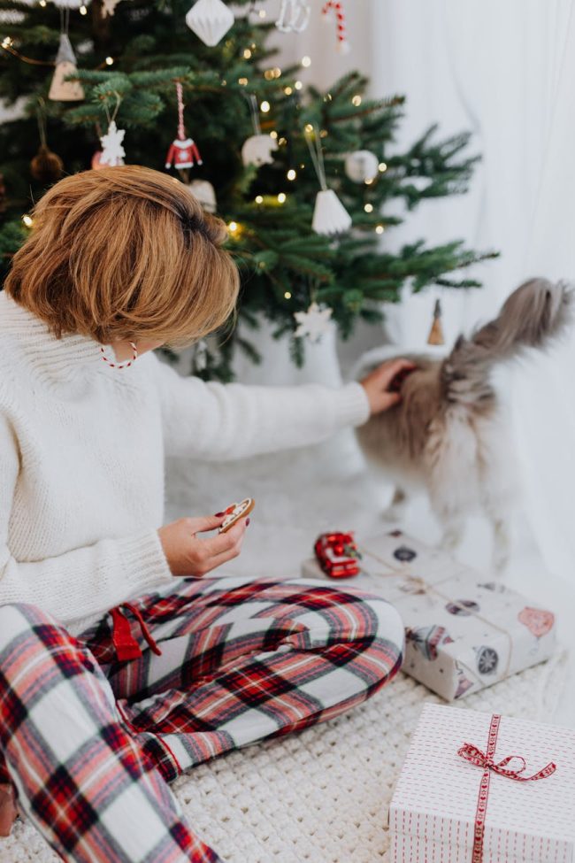 woman sitting on the floor touching a cat