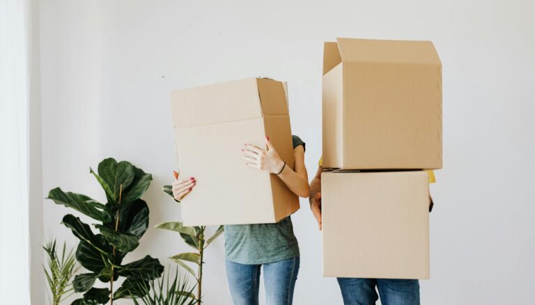 couple carrying cardboard boxes in living room
