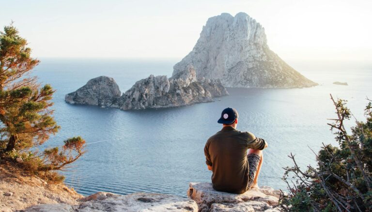 rear view of man sitting on rock by sea