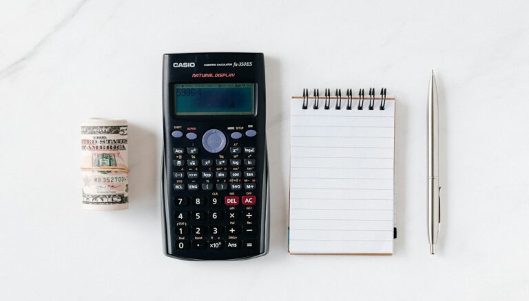 composition of calculator with paper money and notebook with pen