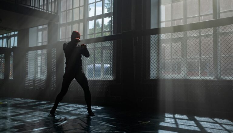 silhouette of person doing shadow boxing