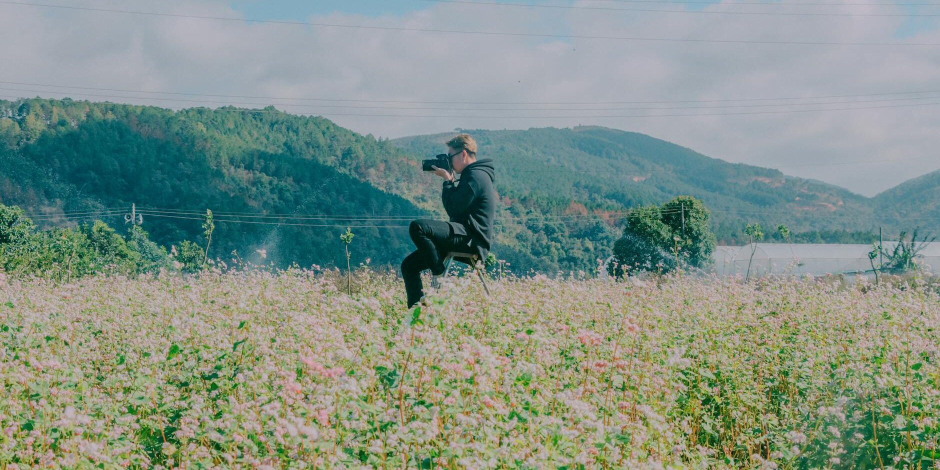 man sitting in the middle of flower field using black dslr camera