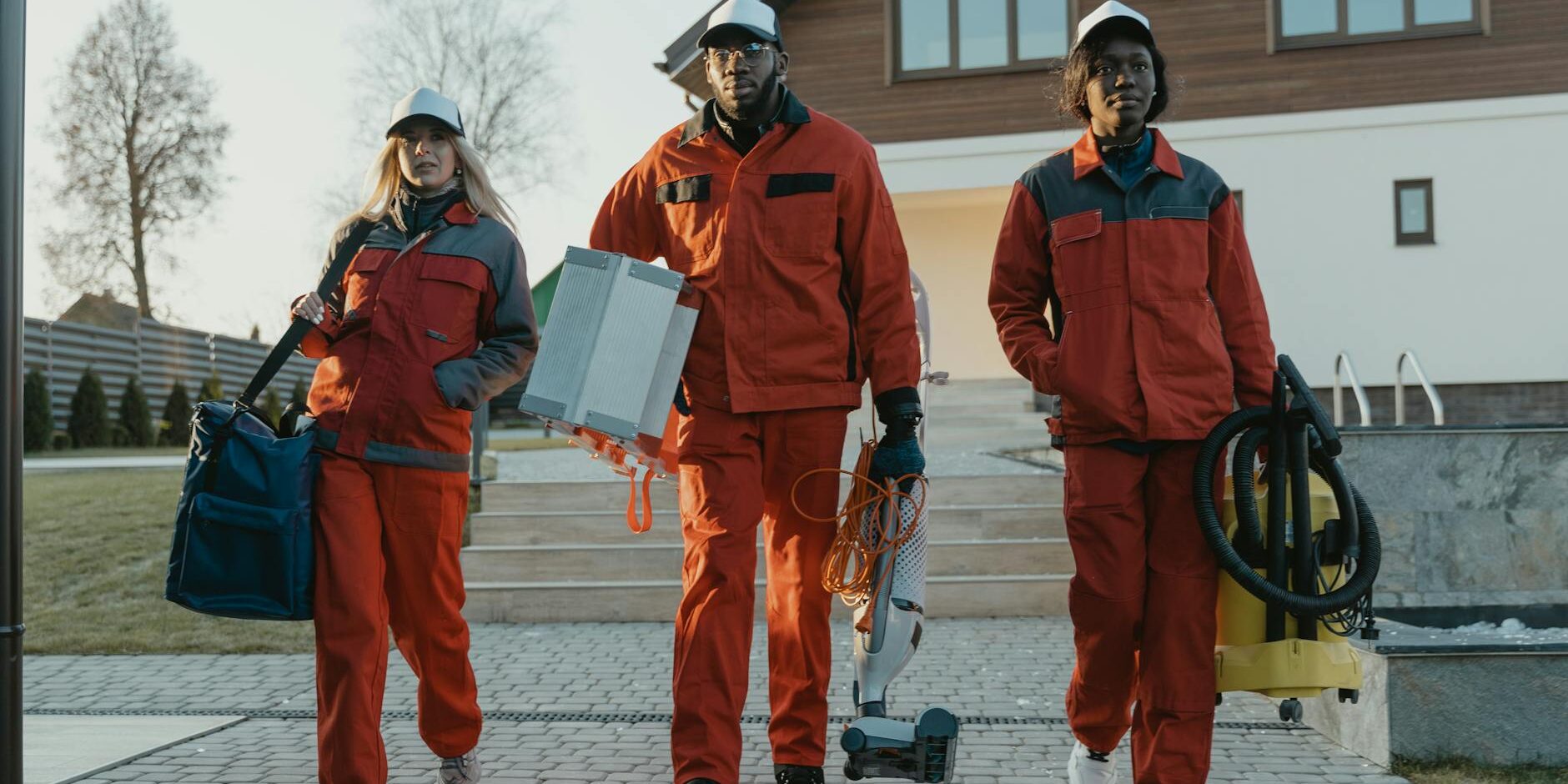 cleaners walking while holding cleaning equipment