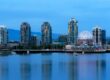 vancouver skyline at dusk with science world