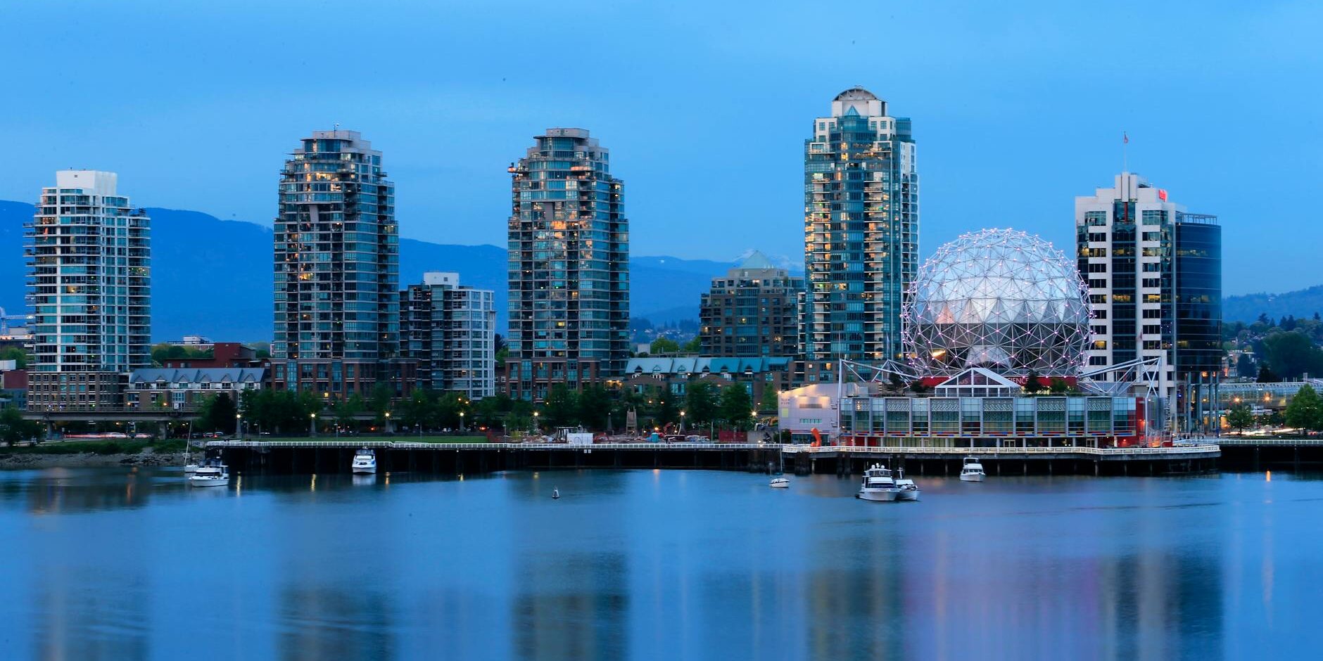 vancouver skyline at dusk with science world