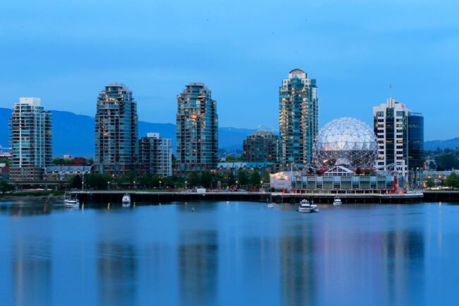 vancouver skyline at dusk with science world