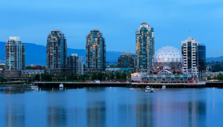 vancouver skyline at dusk with science world