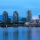 vancouver skyline at dusk with science world