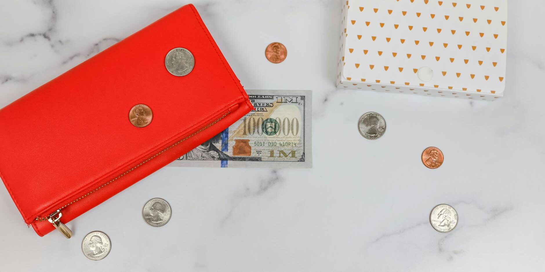 top view of money on a marble surface