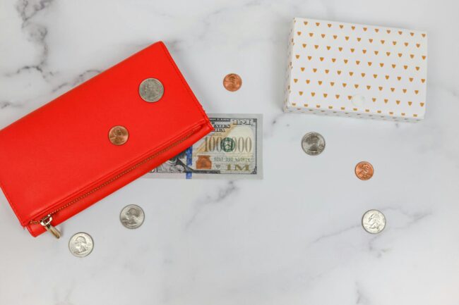 top view of money on a marble surface