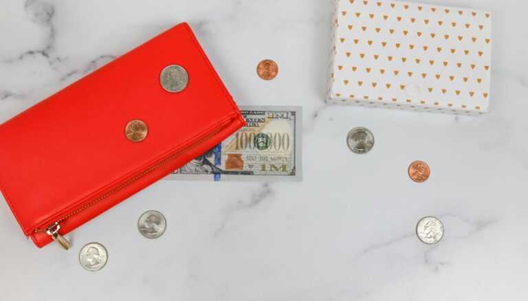 top view of money on a marble surface