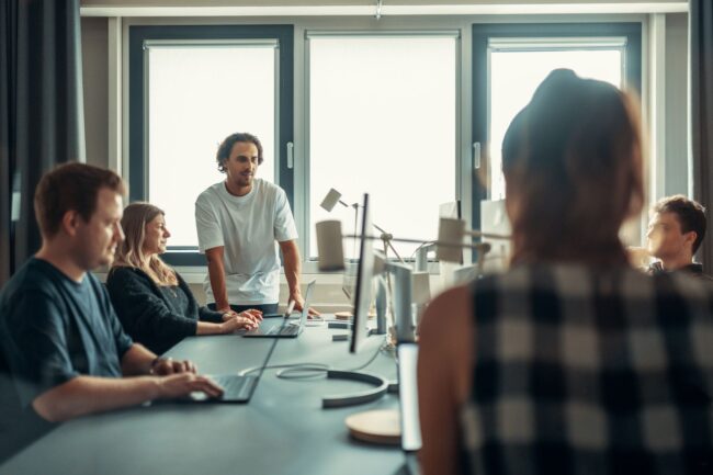 collaborative team meeting in modern office
