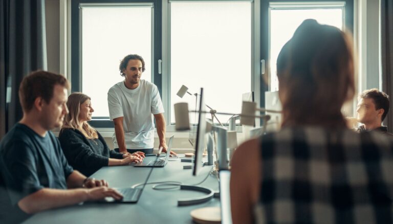 collaborative team meeting in modern office