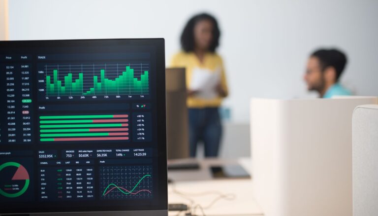 computer monitor with stock exchange figures in an office